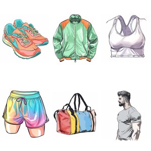 May include: A set of athletic wear including a green and orange jacket, a white sports bra, a pair of rainbow-colored athletic shorts, a multi-colored duffel bag, a pair of red and orange running shoes, and a man wearing a grey t-shirt.