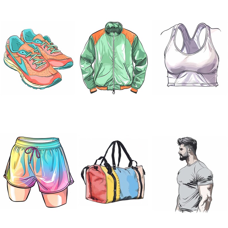 May include: A set of athletic wear including a green and orange jacket, a white sports bra, a pair of rainbow-colored athletic shorts, a multi-colored duffel bag, a pair of red and orange running shoes, and a man wearing a grey t-shirt.
