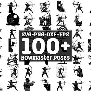 Puede incluir: Una colección de más de 100 ilustraciones vectoriales en blanco y negro de arqueros en varias poses. Las ilustraciones son de estilo medieval y presentan arqueros con arcos y flechas. El texto "SVG - PNG - DXF - EPS 100+ Bowmaster Poses" se muestra en la parte superior de la imagen.