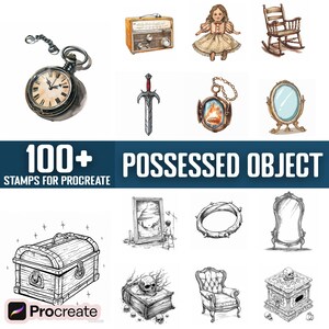 May include: A set of 100+ digital stamps for Procreate featuring various possessed objects, including a vintage radio, a rocking chair, a sword, a pocket watch, a doll, a mirror, a chest, a book, a ring, and a chair. The stamps are black and white line drawings.