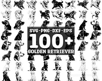 Puede incluir: Una colección de más de 100 imágenes en silueta en blanco y negro de Golden Retrievers en varias poses. Las imágenes son perfectas para manualidades, scrapbooking y otros proyectos creativos. SVG-PNG-DXF-EPS.