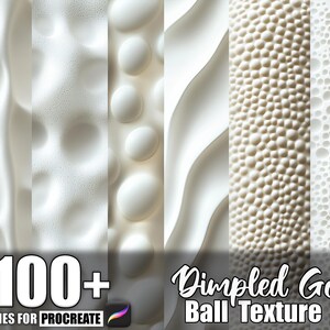 Op de afbeelding: Een digitale kunstafbeelding met zes verticale panelen met verschillende witte texturen. Deze omvatten gladde golven, kuiltjesoppervlakken en belachtige patronen. Tekst onderaan luidt "100+ Brushes for Procreate" en "Dimpled Golf Ball Texture."