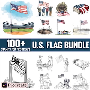 May include: A collection of illustrations featuring the U.S. flag in various settings and styles. The images include depictions of the flag waving, soldiers, and a baseball stadium. Text reads "100+ U.S. FLAG BUNDLE STAMPS FOR PROCREATE."