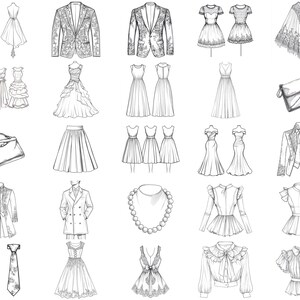 Pu&ograve; includere: Una collezione di disegni in bianco e nero di vari capi di abbigliamento, tra cui abiti, gonne, giacche, camicette e accessori. I disegni sono semplici ed eleganti, con un focus sui dettagli degli indumenti.