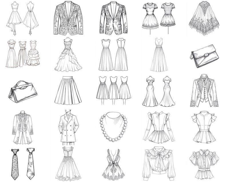 Pu&ograve; includere: Una collezione di disegni in bianco e nero di vari capi di abbigliamento, tra cui abiti, gonne, giacche, camicette e accessori. I disegni sono semplici ed eleganti, con un focus sui dettagli degli indumenti.