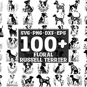 Può includere: Una collezione di oltre 100 immagini in silhouette in bianco e nero di Russell Terrier con motivi floreali. Le immagini sono in formato SVG, PNG, DXF ed EPS.