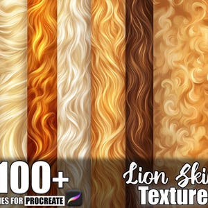 Könnte beinhalten: Digitales Kunstwerk mit einer Vielzahl von Löwenhauttexturen in Gold-, Braun- und Cremetönen. Das Bild enthält den Text "100+ Brushes for Procreate" und "Lion Skin Texture".