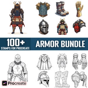 Op de afbeelding: Een set van 100+ armor-stempels voor Procreate, met een verscheidenheid aan stijlen, waaronder samurai, ridder en fantasy armor. De stempels zijn perfect voor het maken van illustraties, concept art en meer.