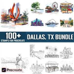 May include: A digital illustration bundle of 100+ hand-drawn stamps featuring landmarks and scenes from Dallas, Texas. The stamps are designed for use with the Procreate app. The illustrations include a Ferris wheel, a bridge, a skyline, a cowboy riding a horse, a park, and a food stand.