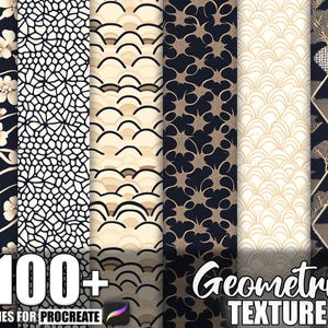 Può includere: Una collezione di pennelli digitali per Procreate con vari modelli geometrici. L'immagine mostra disegni floreali, a onde e forme astratte in nero, bianco e beige. Il testo recita "100+ Brushes for Procreate" e "Geometric Texture."