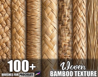 May include: A collection of various woven bamboo textures in shades of tan and brown. The image displays different weaving patterns, including braids and tightly woven structures. Text reads "100+ Brushes for Procreate" and "Woven Bamboo Texture."