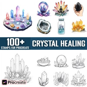 May include: 100+ Crystal Healing Stamps for Procreate. A digital art stamp set featuring various crystal designs, including a crystal ball, a crystal cave, and a crystal cluster. The stamps are perfect for creating digital art and illustrations.