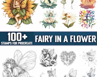 Könnte beinhalten: Eine Sammlung von Feenillustrationen, einige in Farbe und einige in Schwarzweiß. Der Text "100+ STAMPS FOR PROCREATE" und "FAIRY IN A FLOWER" werden angezeigt. Das Procreate-Logo befindet sich unten links.