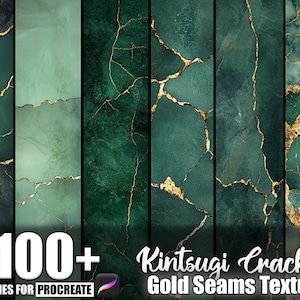 May include: Digital art textures featuring a variety of emerald green and dark teal backgrounds with gold-colored crack patterns. The image includes the text "100+ Brushes for Procreate" and "Kintsugi Cracked Gold Seams Texture".