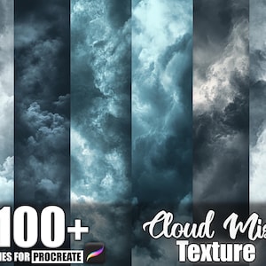 May include: Digital art asset featuring a collection of cloud and mist textures in shades of gray and blue. The image includes the text "100+ Brushes for Procreate" and "Cloud Mist Texture".