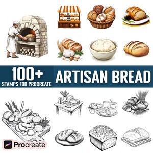 Könnte beinhalten: Eine digitale Illustration von über 100 handwerklichen Brotstempeln für Procreate. Das Bild zeigt eine Vielzahl von Broten, darunter Sauerteig, Baguettes und Brötchen, sowie einen Bäcker in einem Backofen aus Ziegeln. Die Stempel sind perfekt, um realistische Brotillustrationen zu erstellen.