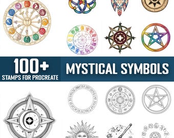 May include: 100+ Mystical Symbols Stamps for Procreate. A collection of black and white and colorful illustrations of mystical symbols, including a compass, a sun, a moon, a star, a pentagram, a circle, a crescent moon, a broom, and a zodiac wheel.