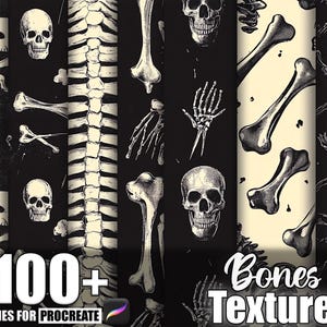 Puede incluir: Ilustración digital con huesos, cráneos, costillas y extremidades en blanco y negro. El texto "100+ Brushes for Procreate" y "Bones Texture" también está presente.