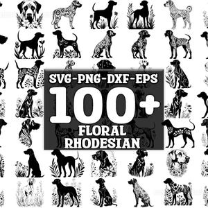 Puede incluir: Una colección de más de 100 imágenes en silueta en blanco y negro de perros Rhodesian Ridgeback con acentos florales. Las imágenes están en formatos SVG, PNG, DXF y EPS.