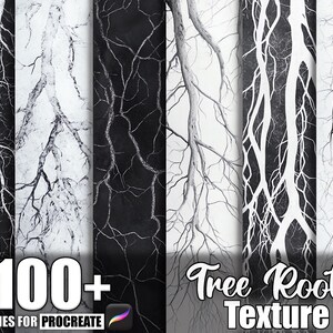 Può includere: Una collezione di texture di arte digitale con radici di alberi in bianco e nero. L'immagine include il testo "100+ Brushes for Procreate" e "Tree Roots Texture". Le texture variano nello stile, alcune appaiono come illustrazioni dettagliate e altre come design più astratti.