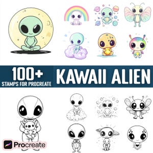 Peut inclure: 100+ Kawaii Alien Stamps pour Procreate. Un ensemble d'illustrations numériques mettant en scène de mignons personnages extraterrestres dans diverses poses et expressions. L'ensemble comprend des versions couleur et noir et blanc des tampons.