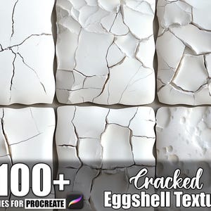 May include: A grid of white, cracked textures, reminiscent of eggshells. The image features the text "100+ Brushes for Procreate" and "Cracked Eggshell Texture". The textures display diverse crack patterns and surface details.