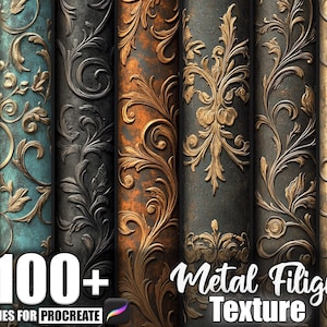 May include: A collection of metal filigree textures in various colors, including teal, black, and bronze. The textures feature ornate floral designs and the text "100+ Brushes for Procreate" and "Metal Filigree Texture".