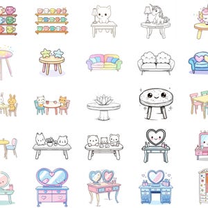 May include: A set of 20 black and white illustrations of furniture and decor items, including tables, chairs, couches, beds, mirrors, and a vanity set. The illustrations are in a cartoon style and feature cute details like hearts, stars, and flowers.