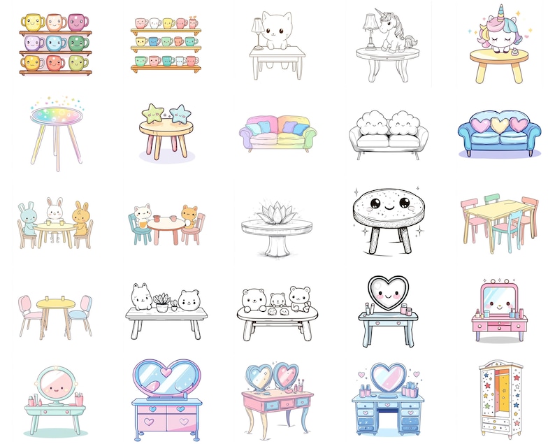 May include: A set of 20 black and white illustrations of furniture and decor items, including tables, chairs, couches, beds, mirrors, and a vanity set. The illustrations are in a cartoon style and feature cute details like hearts, stars, and flowers.