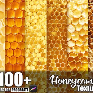 May include: A digital art graphic featuring multiple panels of honeycomb textures in varying shades of yellow and brown. The image includes the text "100+ Brushes for Procreate" and "Honeycomb Texture".