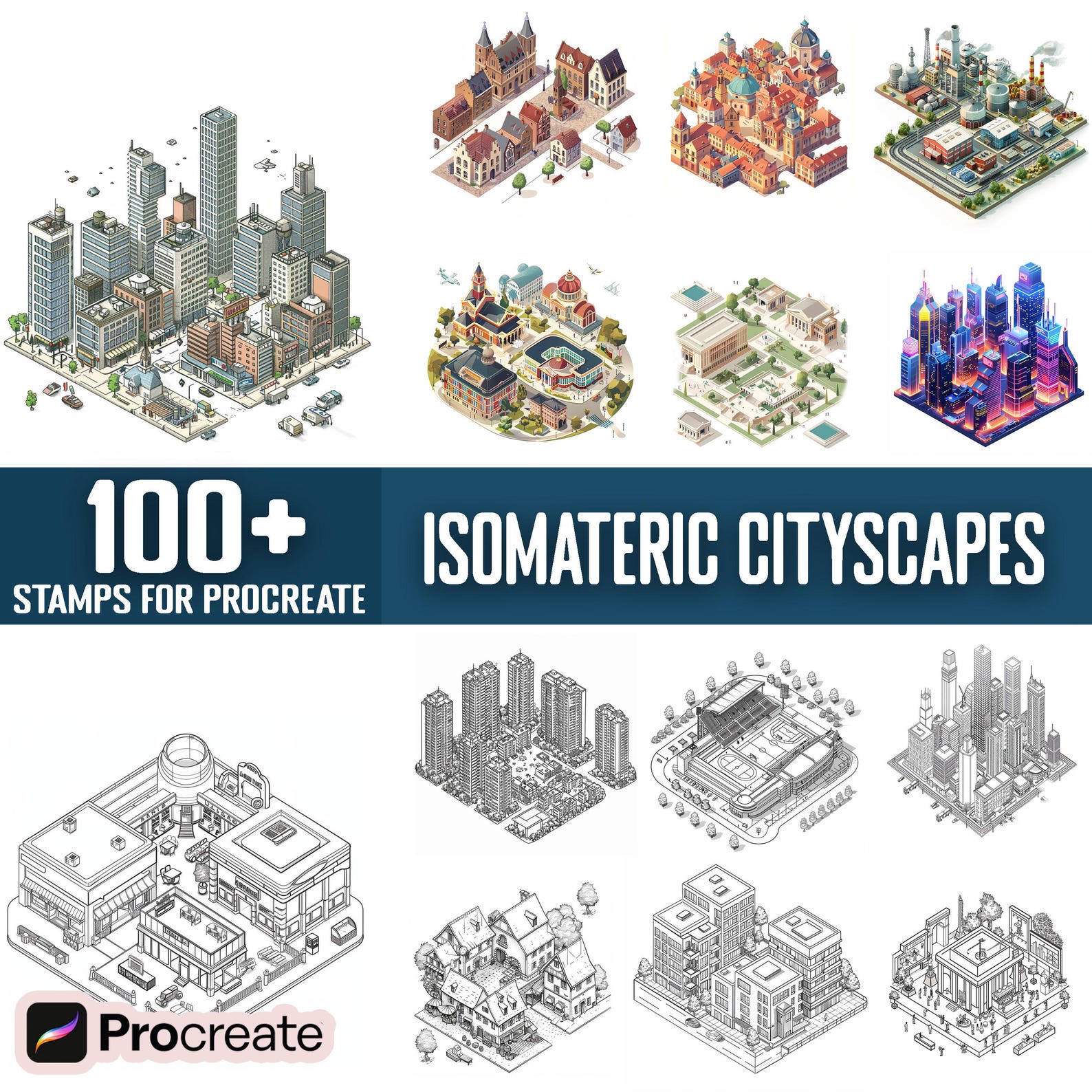100+ Isometric Cityscape Procreate Stamps, Brushes for Procreate ...