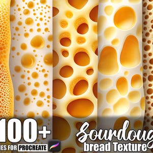 Może przedstawiać: Grafika cyfrowa prezentująca różne tekstury chleba na zakwasie. Obraz przedstawia zbliżenia powierzchni chleba z różnymi wzorami otworów i kolorami, od jasnobrązowego do ciemnobrązowego. Tekst brzmi "100+ Brushes for Procreate" i "Sourdough bread Texture."