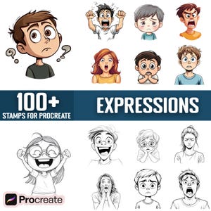 May include: A set of 100+ digital stamps for Procreate featuring various cartoon faces with different expressions. The stamps are designed for use in digital art and illustration.