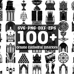 Pode incluir: Um conjunto de ilustrações em preto e branco de mais de 100 elementos de design de interiores de catedrais ornamentados. O conjunto inclui arcos, portas, janelas, vitrais e outros detalhes arquitetônicos. SVG-PNG-DXF-EPS.