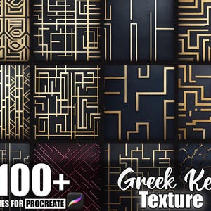May include: A collection of 12 square digital art designs with gold geometric patterns on a dark background. The designs include Greek key patterns and other abstract shapes. Text reads "100+ Brushes for Procreate" and "Greek Key Texture."