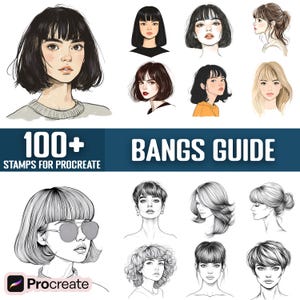 May include: A digital illustration guide for creating different types of bangs for digital art. The guide features 100+ stamps for Procreate, a popular digital art app. The guide includes a variety of bangs styles, including blunt, side-swept, and layered bangs.