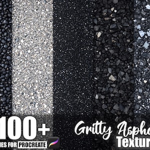 May include: A digital art graphic featuring five different asphalt textures. The textures range from dark black to light gray, with varying levels of grit and detail. The text "100+ Brushes for Procreate" and "Gritty Asphalt Texture" are also included.