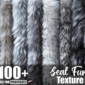 May include: A digital art image showcasing a variety of seal fur textures in shades of brown, gray, and white. The image includes the text "100+ Brushes for Procreate" and "Seal Fur Texture."