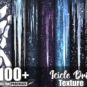 Könnte beinhalten: Eine digitale Kunstsammlung mit eisigen Texturen und Effekten. Das Bild zeigt Tafeln mit Eiszapfen, Schneeflocken und sternenklaren Hintergründen. Der Text enthält "100+ Brushes for Procreate" und "Icicle Drip Texture."