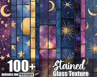 Op de afbeelding: Digitaal kunstwerk met een glas-in-loodtextuur met hemelse motieven. Gouden manen, sterren en zonnen tegen een achtergrond van paarse, blauwe en roze tinten. De tekst luidt "100+ Brushes for Procreate" en "Stained Glass Texture."