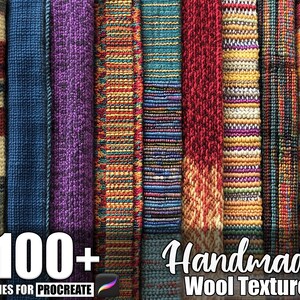 Op de afbeelding: Een verzameling kleurrijke handgemaakte woltexturen. De afbeelding toont verschillende verticale stalen van geweven en gebreide stoffen in een reeks kleuren, waaronder rood, blauw, paars en geel. De tekst "100+ Brushes for Procreate" en "Handmade Wool Texture" zijn ook zichtbaar.