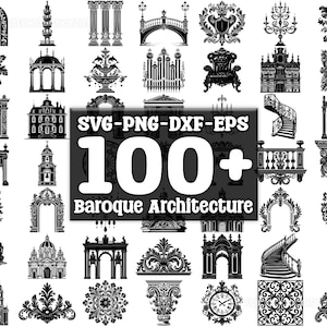 May include: A collection of over 100 black and white vector illustrations of Baroque architectural elements. The illustrations include arches, columns, gates, windows, balconies, and other decorative details. SVG-PNG-DXF-EPS.