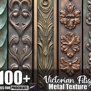 May include: A collection of intricately detailed metal textures with a Victorian filigree design. The image showcases various patterns, including floral and scrollwork motifs, in shades of bronze, copper, and teal. Text reads "100+ Brushes for Procreate" and "Victorian Filigree Metal Texture."
