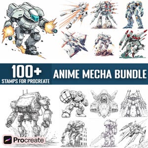 May include: A set of 100+ anime mecha stamps for Procreate. The stamps feature a variety of mechs in different poses and styles, including robots, spaceships, and futuristic vehicles. The stamps are perfect for adding a touch of anime to your digital art.