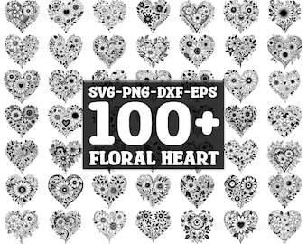 May include: A collection of over 100 black and white floral heart designs. The designs are perfect for crafting, scrapbooking, and other creative projects. SVG - PNG - DXF - EPS