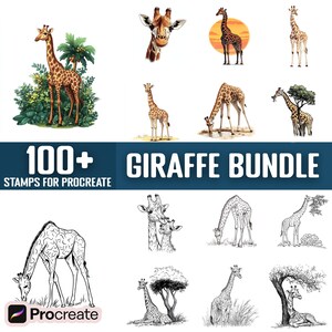 May include: A digital stamp bundle for Procreate featuring over 100 giraffe illustrations. The bundle includes a variety of poses, including giraffes standing, walking, eating, and looking at the viewer. The illustrations are in both color and black and white.