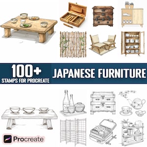 May include: A set of 100+ Japanese furniture stamps for Procreate, featuring a variety of traditional designs, including tables, chairs, cabinets, and screens. The stamps are perfect for creating illustrations, backgrounds, and patterns.