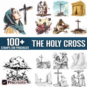 Puede incluir: Un conjunto de más de 100 sellos digitales para Procreate con ilustraciones de la Santa Cruz. Los sellos incluyen diversas representaciones de la cruz, como una mujer mirando hacia la cruz, un hombre siendo clavado en la cruz y una nube con cruces.