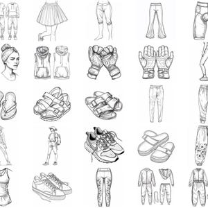 May include: A collection of black and white line drawings of various clothing items, footwear, and accessories. The drawings include pants, shorts, shirts, dresses, sandals, sneakers, gloves, and hats.