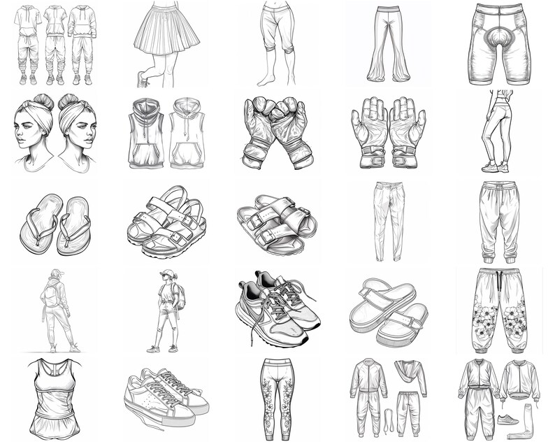 May include: A collection of black and white line drawings of various clothing items, footwear, and accessories. The drawings include pants, shorts, shirts, dresses, sandals, sneakers, gloves, and hats.